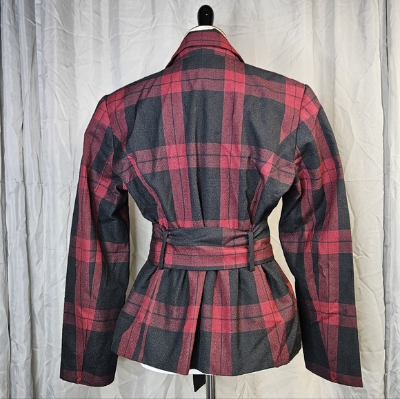 Chadwick's Red Black Buffalo Plaid Versatile Belted Peplum Blazer Jacket - Picture 3 of 11